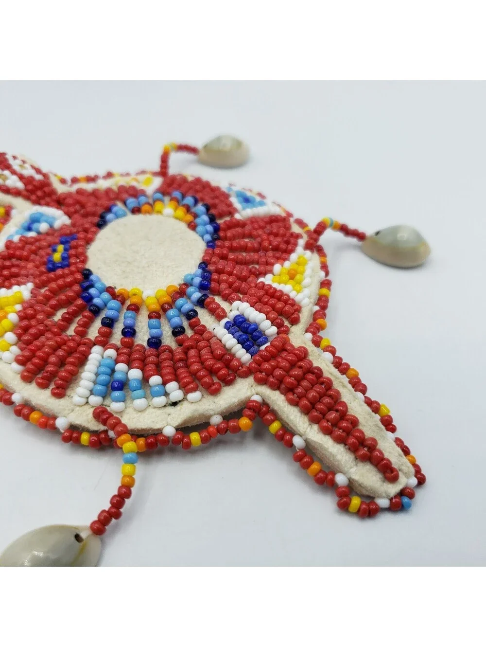 Native American Seed Bead Turtle Fetish Cowrie Shells Leather Red White Blue